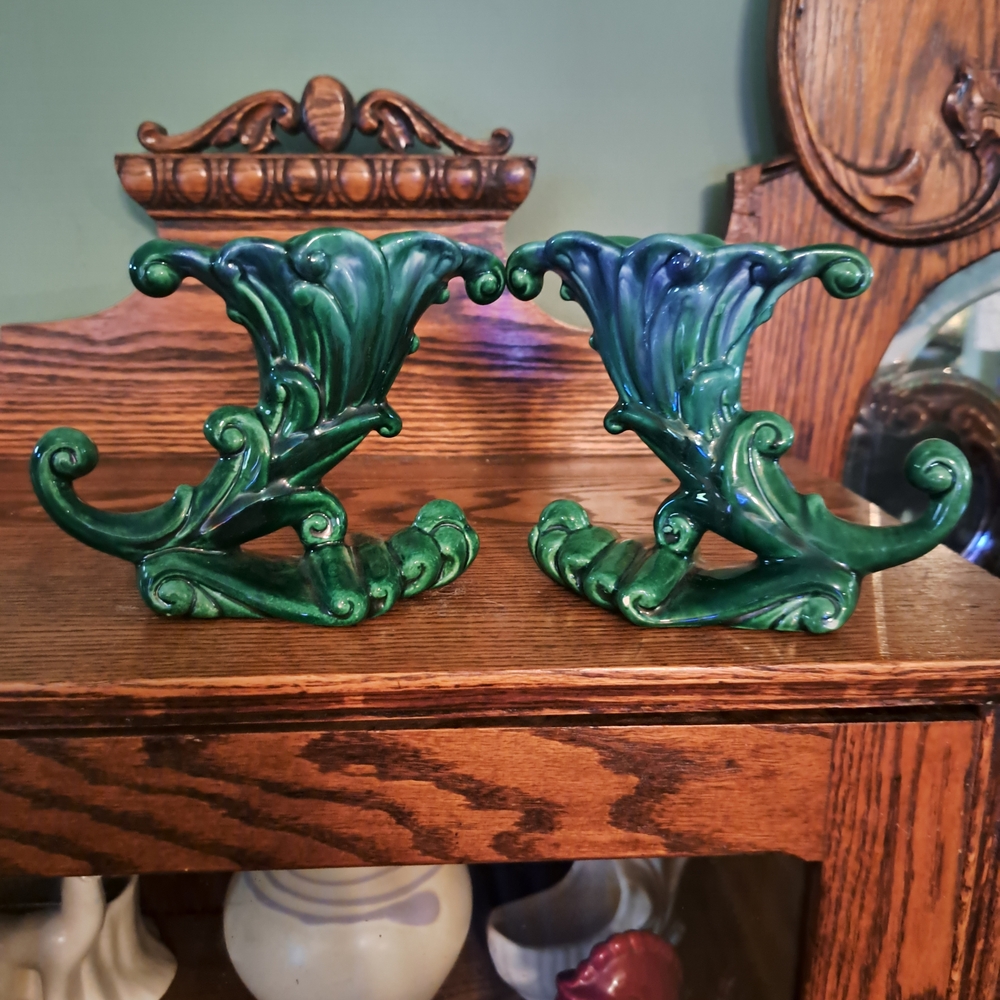 Pair of Green Ceramic Decorative Scroll Vases